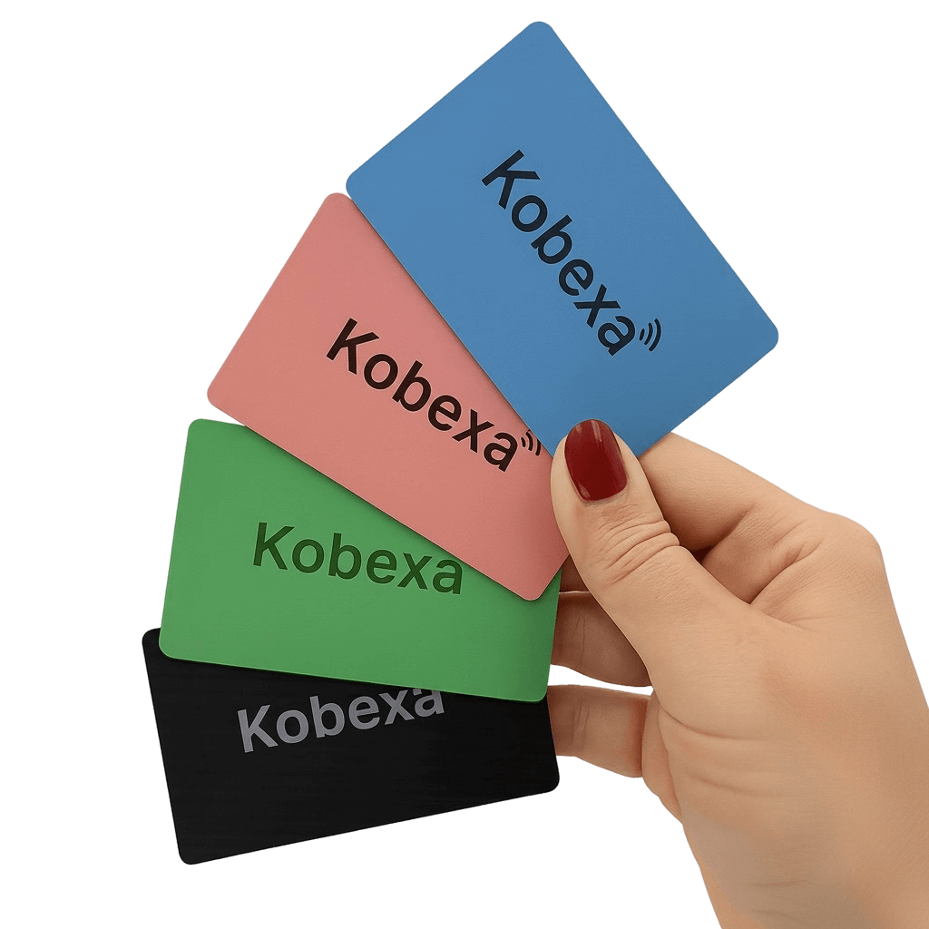 All Kobexa digital business cards showcasing different colors and designs