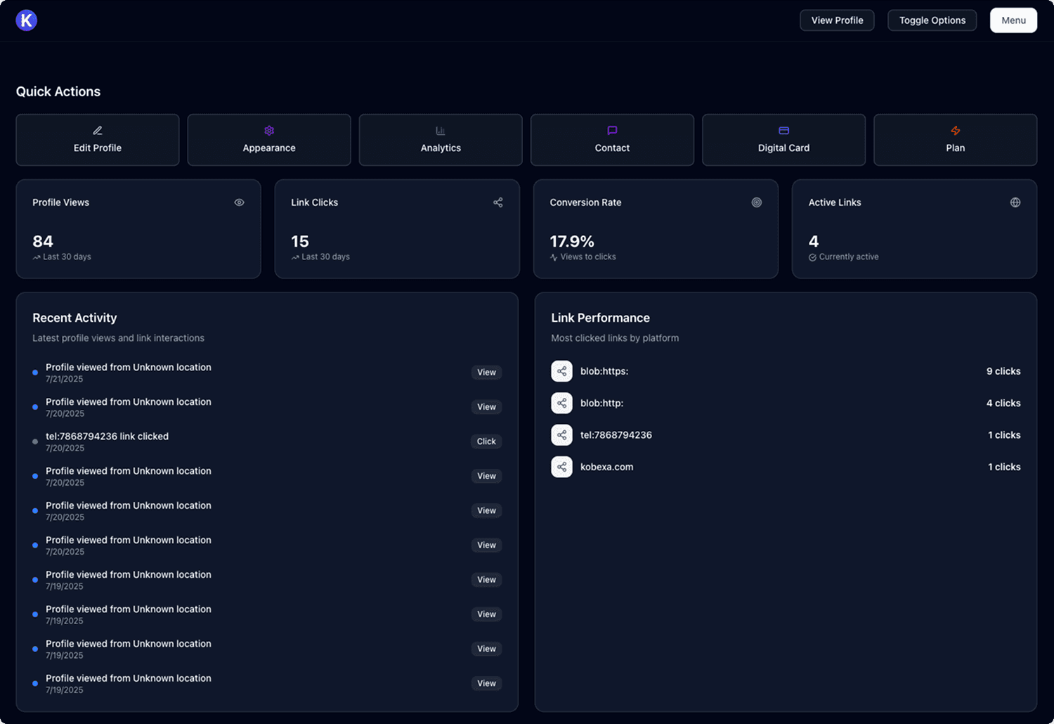 Kobexa admin dashboard showcasing profile management, analytics, and customization features