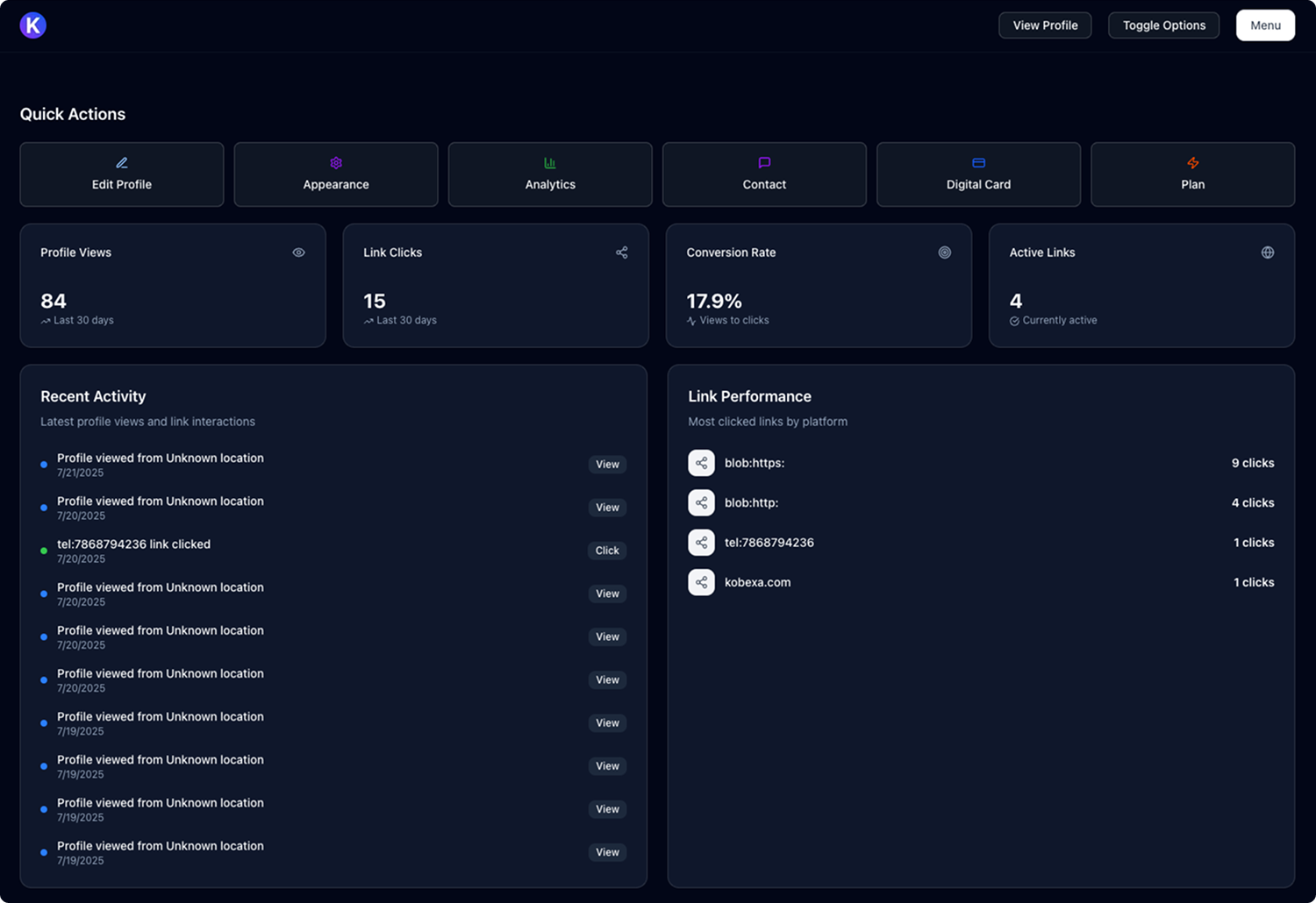 Kobexa admin dashboard showcasing profile management, analytics, and customization features